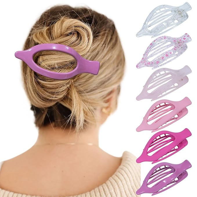 French Flat Hair Clips for Women - 6Pcs Flat Hair Claws for Thin Thick Hair Strong Hold No Slip Grip Hair Claw Clips for Women Girls (Flower (Pink)) AWAYTR