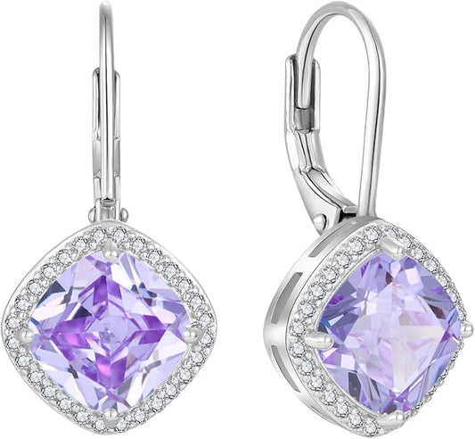 Square Princess Cut Dangle Drop Earrings 925 Sterling Silver Halo Solitaire Leverback Earrings Birthstone Jewelry for Women LWSARY