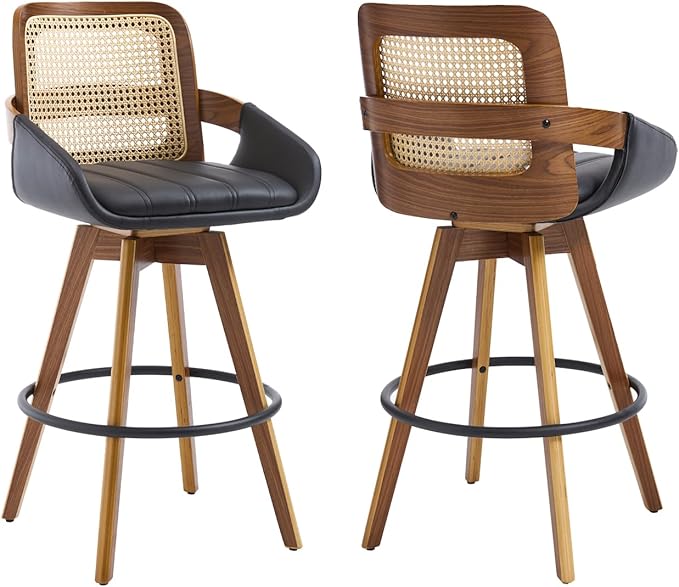 Bar Stools Set of 2, 26" Faux Leather Modern Swivel Barstools with Rattan Back, Counter Height Boho Bar Chairs for Kitchen Island or Home Bar - Black VipDesk
