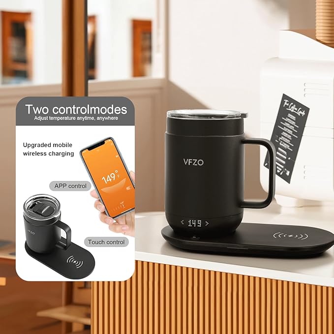 16Oz Temperature Control Smart Mug, Self Heating Coffee Mug LED Display, 180 Min Battery Life - Hot up to 149℉ Fast Wireless Charger Base Improved Design coffee serving sets mug(16oz, Black) VFZO