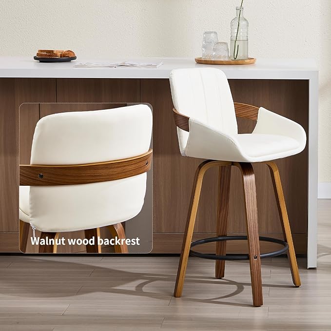 Bar Stools Set of 2, 26" Counter Height Swivel Stools with Back, Walnut Wood Frame, PU Leather, Built-in Footrest, Modern Kitchen Island Chairs – Easy Assembly & Sturdy Design - White VipDesk