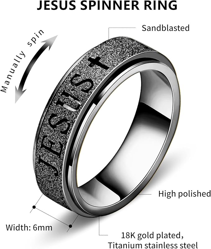 Fidget Spinner Anxiety Ring for Women: Fidget Toys Adults Cute Jesus Thumb Ring Stainless Steel Gold Silver Size 5 6 7 8 9 10 (Black, 10)