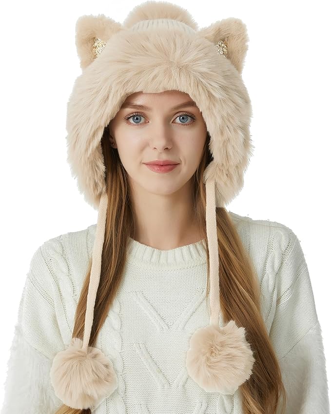 Women Winter Peruvian Cover Ears Beanie Hat Ear Flaps Sherpa Ski Snow Hats Knit Fleece Lined 3 Pom Pom HUAMULAN