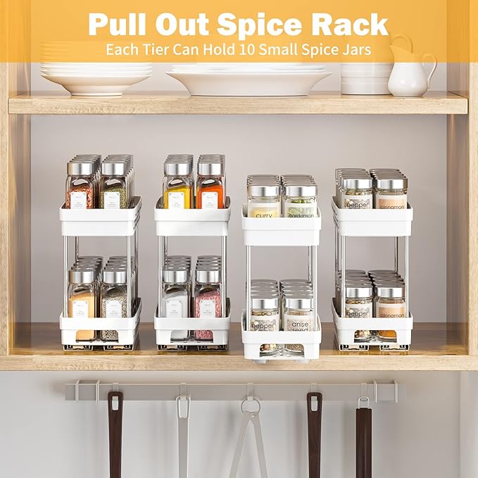 Pull Out Spice Rack Organizer for Cabinet, 3 Packs Slide Out Spice Racks Organizer, Spice Cabinet Organizers, Cabinet Size Need:12'' Highx11'' Deepx5'' Wide,Each Tier Hold 10 Spice Jar - 2 Tier, White DABIGE