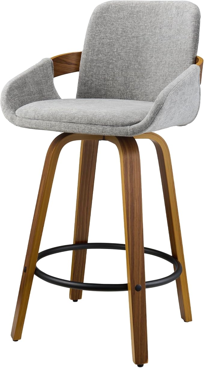 Swivel Bar Stool Set of 3, Fabric Counter High Stools with Back and Armrest 360° Swivel Walnut Bar Chair for Kitchen Island Home Dining - Light Grey VipDesk