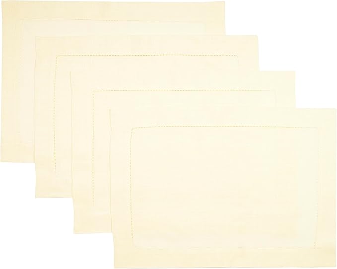D'Moksha Homes Cream Linen Cloth Placemats Set of 4-100% Pure Linen Hemstitch Placemats 14 x 19 Inch - Classic Hemstitch Table Place Mats for Christmas, Holiday - Handcrafted and Machine Washable DMokshaHomes