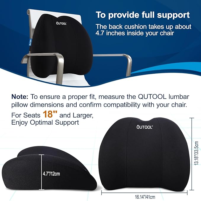 QUTOOL Lumbar Support Pillow for Office Chair, Memory Foam Low Back Support,Back Pain Relief, Ergonomic Back Cushion for Desk Chair,Gaming Chair,Adjustable Strap and Washable Cover QUTOOL