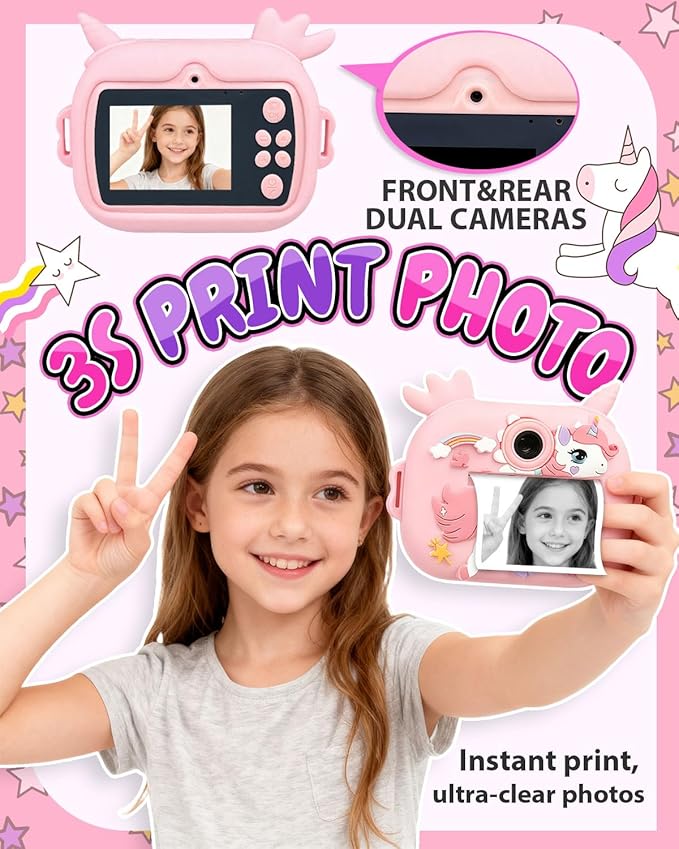 Kids Camera Instant Print, 1080P Kids Instant Cameras with Photo Printing and Fun Learning, Christmas Stuffers Birthday Gifts for Girls Age 3-12, Portable Toy for 3 4 5 6 7 8 9 10 Girls Boys, Pink Kick Boosters
