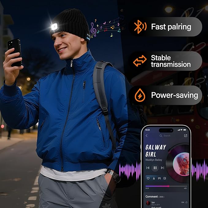 2 Pack Bluetooth Beanie Hat with Light for Men, Rechargeable LED Beanie with Light, Headlamp Cap Wireless Headphones, Christmas Gifts for Teens Stocking Stuffers for Men Dad（Black&Gray） AHASTI