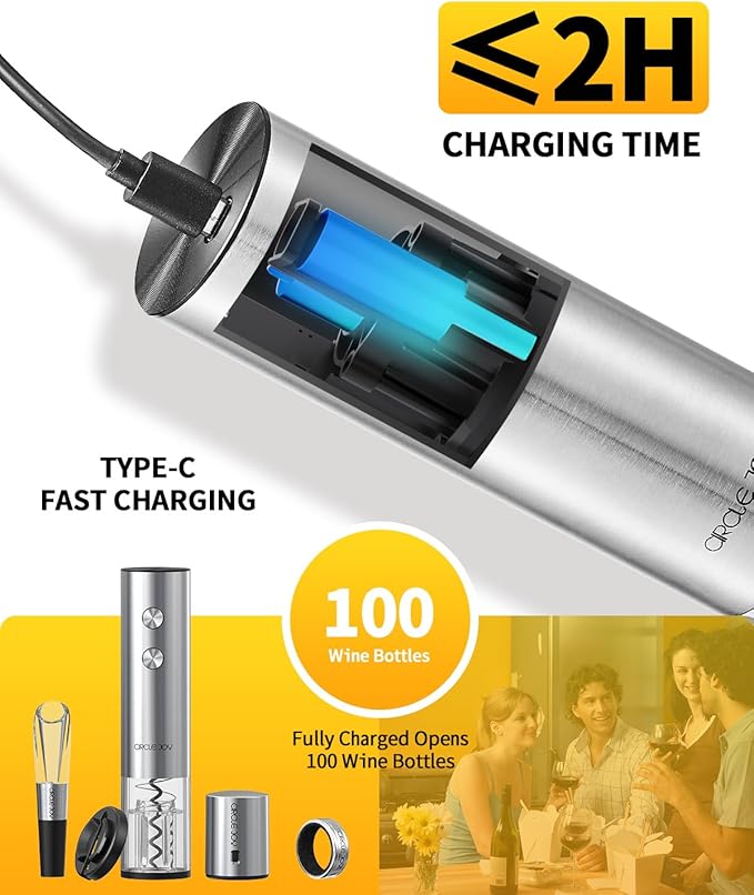 CIRCLE JOY Electric Wine Opener Rechargeable 5-in-1 Stainless Steel Wine Bottle Opener Premium Gift Set with Foil Cutter, Wine Aerator Pourer, Wine Drip Ring & Vacuum Stopper for Wine Lovers CIRCLEJOY