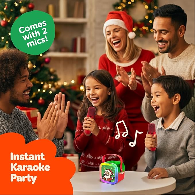Move2Play, Christmas Karaoke Machine | Includes 8 Christmas Songs | Includes 2 Microphones | Bluetooth Wireless Music Player | Holiday Toy for Girls & Boys | Stocking Stuffer Idea Move2Play