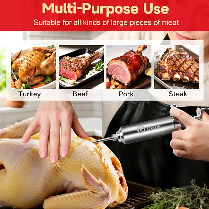Ofargo Stainless Steel Meat Injector Syringe with 4 Marinade Needles and Travel Case for BBQ Grill Smoker, gifts for men dad husband in Thanksgiving Christmas day GreatgiftsidealforThanksgivingandX-mas