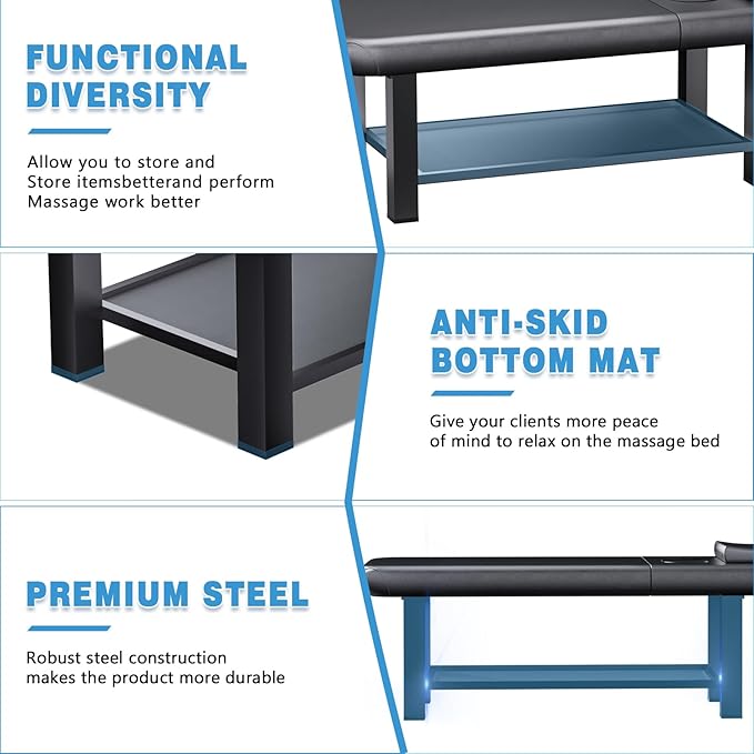 Stationary Massage Table with Memory Foam, Massage TattooTable with Adjustable Height, Facial Bed for Esthetician, PU Leather for Physical Therapy & Spa (Metal, 80''L x 32''W) Kick Boosters