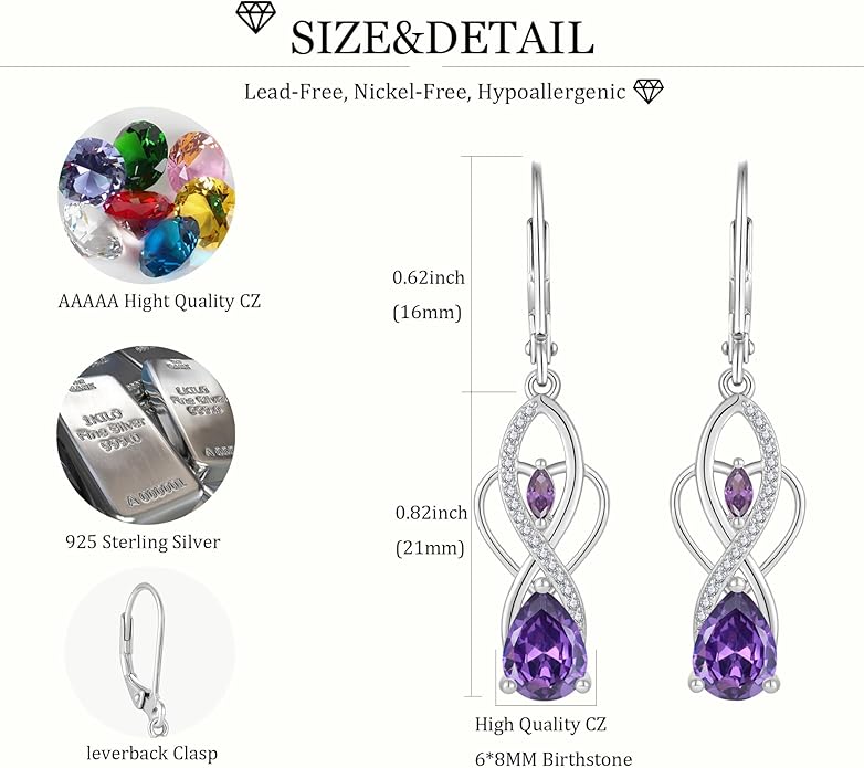 Infinity Butterfly Earrings 925 Sterling Silver Birthstone Dangle Drop Leverback Earrings Cubic Zirconia Hypoallergenic Jewelry Birthday Christmas Gifts for Women Mother Wife Her FYNSBLE