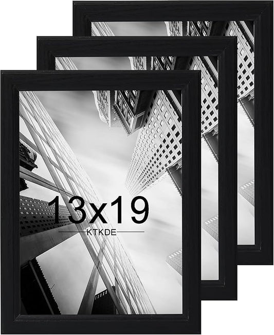 KTKDE 13x19 Picture Frame Set of 3,Black Wooded Shatter Resistant Glass, Vertical & Horizontal Wall Hanging for Wall Display,Studio Gallery Photo Frame for Photos, Posters & Art Prints KTKDE