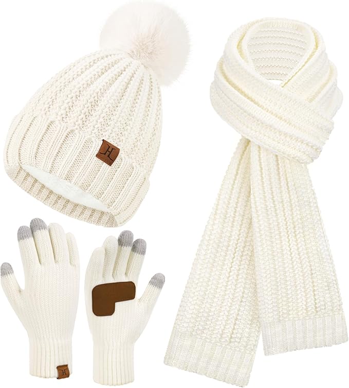 Womens Winter Warm Beanie Hat Long Neck Scarf Touchscreen Gloves Set Knit Skull Caps Pompom Fleece Gifts FZFANTASTICZONE