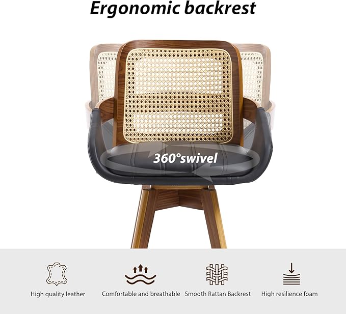 Bar Stools Set of 2, 26" Faux Leather Modern Swivel Barstools with Rattan Back, Counter Height Boho Bar Chairs for Kitchen Island or Home Bar - Black VipDesk