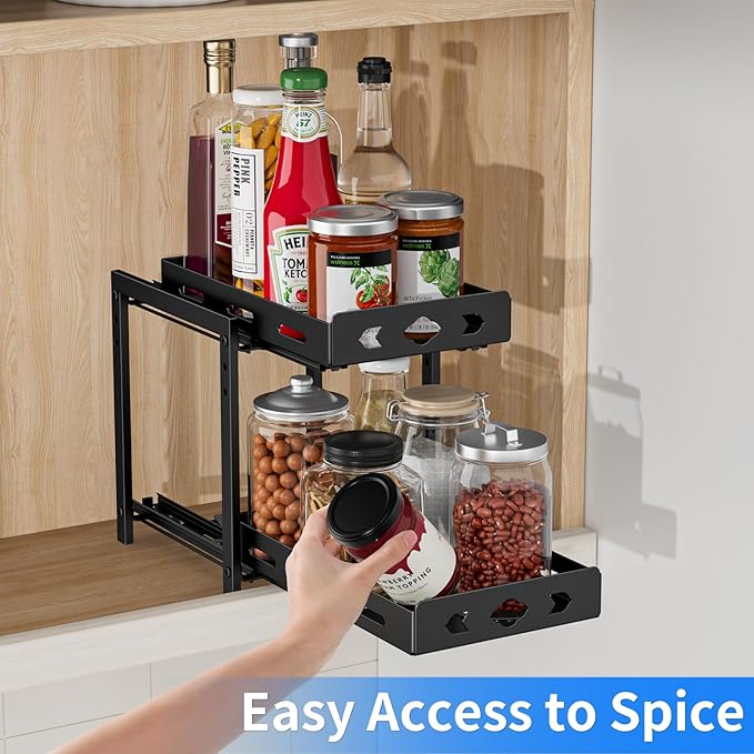 Pull Out Spice Racks for Inside Cabinets, 2-Tier Cabinet Spice Rack Organizer, Height Adjustable Vertical Spice Rack for Kitchen Cabinet (7.5''Wx10.8''Dx9.2''H, Metal Black) BOIVSHI