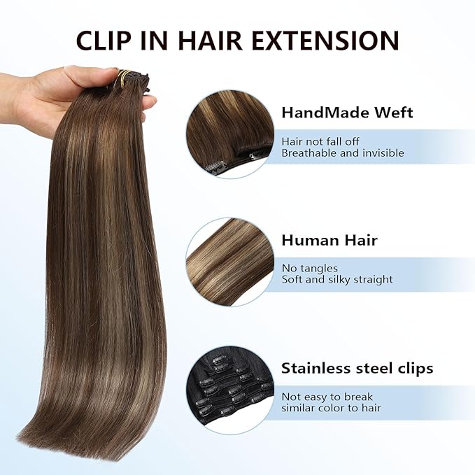 COOKAYU Clip in Hair Extensions Real Human Hair, 4/27/4 Medium Brown to Caramel Blonde Balayage Real Human Hair, Remy Clip in Hair Extensions 18 inch 120g 7pcs COOKAYU
