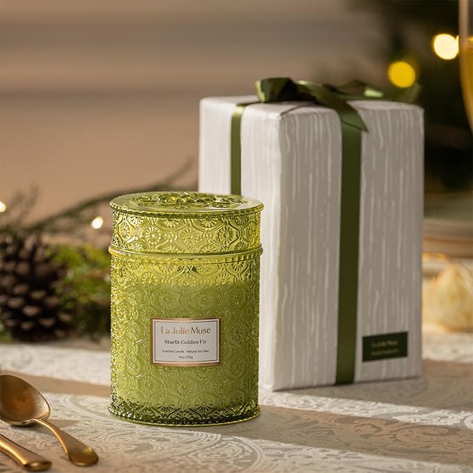 LA JOLIE MUSE Christmas Candle | Starlit Golden Fir | Pine, Cedarwood & Fir Balsam | 19 oz Large Wooden Wick Soy Candle | 90 Hours Clean Burn | Gift-Ready for Christmas & Winter Gatherings LaJol%C3%ADeMuse