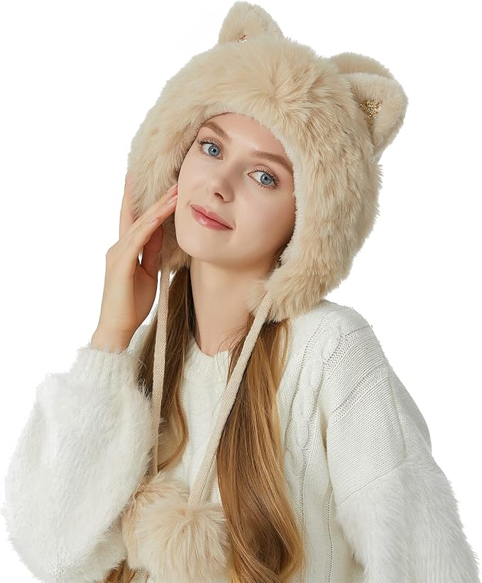 Women Winter Peruvian Cover Ears Beanie Hat Ear Flaps Sherpa Ski Snow Hats Knit Fleece Lined 3 Pom Pom HUAMULAN