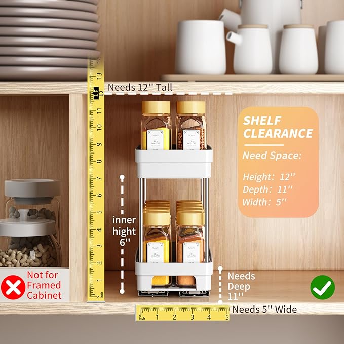 Pull Out Spice Rack Organizer for Cabinet, 2 Pack Slide Out Spice Racks Organizer, Spice Cabinet Organizers, Cabinet Size Need:12'' Highx11'' Deepx5'' Wide,Hold 10 Spice Jar Each Tier-2Tier, White DABIGE