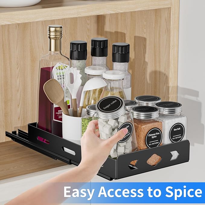 Pull Out Spice Rack Organizer for Cabinet, Heavy Duty-Slide Out Spice Rack, Vertical Spice Rack for Kitchen Cabinet and Pantry (6.3''Wx10.5''Dx2.8''H, Metal Black) BOIVSHI