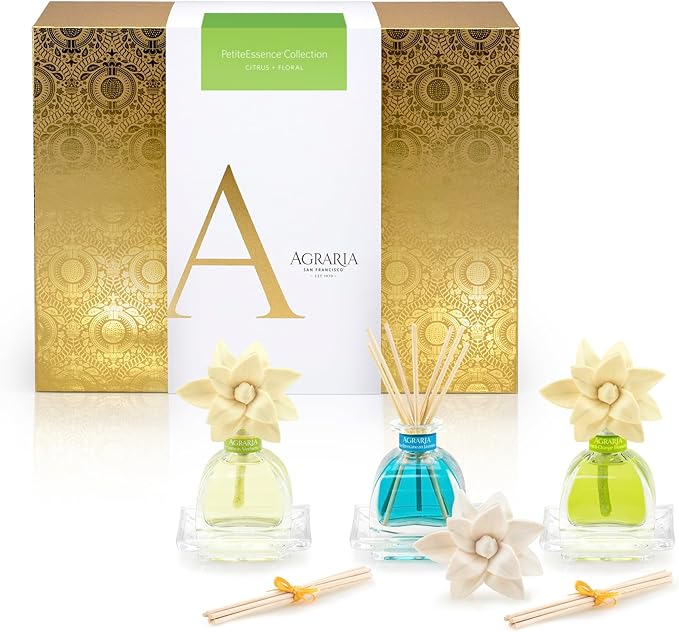 AGRARIA Citrus & Floral PetiteEssence Collection, Handmade Sola Flower Reed Diffuser Set of 3, Luxury Home Fragrance Scented Oil Diffuser Gift Set AgrariaHome