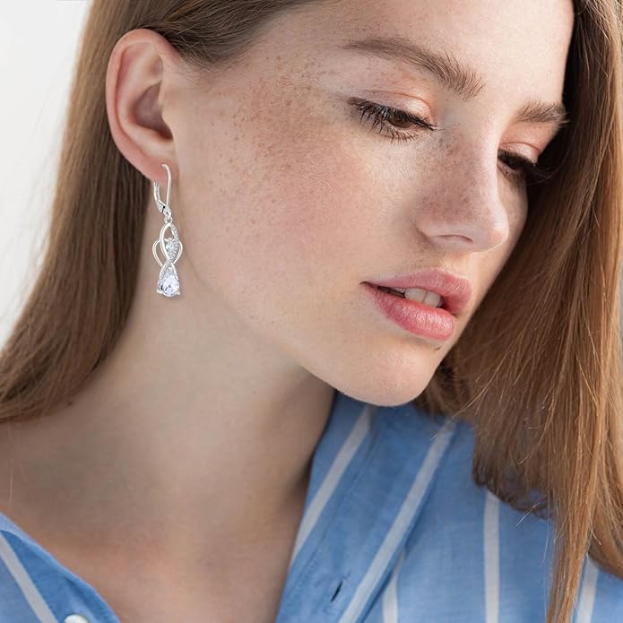Infinity Butterfly Earrings 925 Sterling Silver Birthstone Dangle Drop Leverback Earrings Cubic Zirconia Hypoallergenic Jewelry Birthday Christmas Gifts for Women Mother Wife Her FYNSBLE