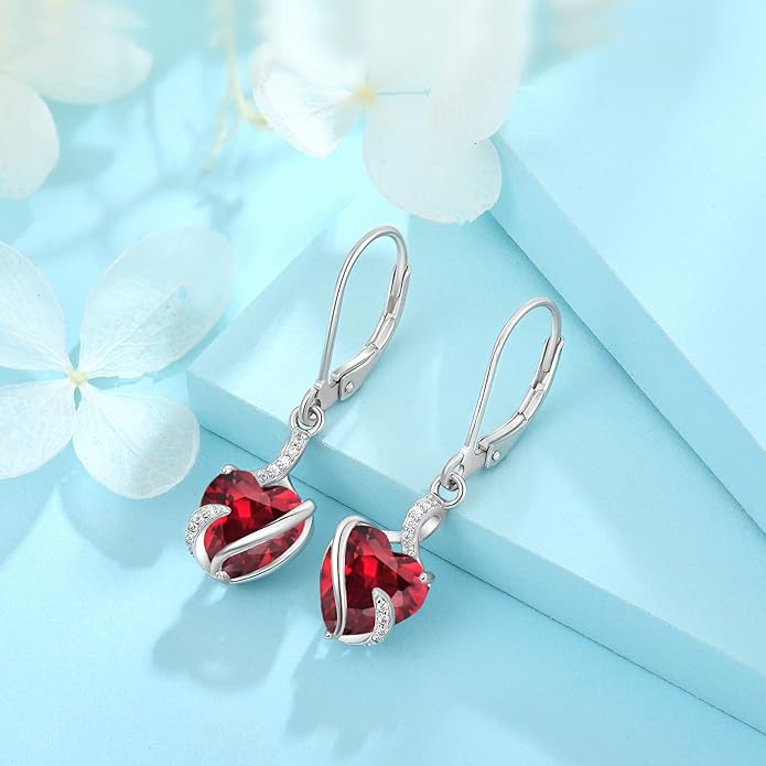 FJ Heart Dangle Drop Earrings 925 Sterling Silver Infinity Leverback Earrings Birthstone Jewelry for Women FJ