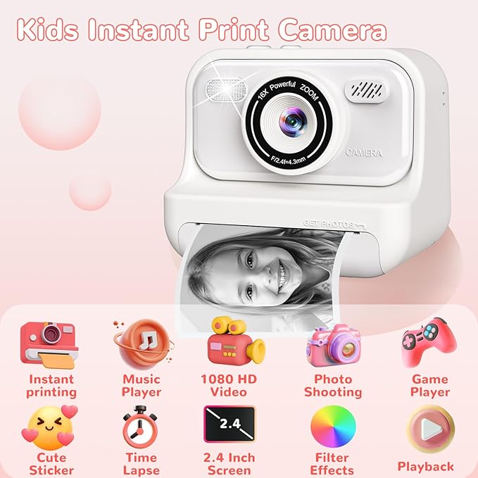 Kids Instant Print Camera,2.4 Inch Screen Kids Instant Cameras, Christmas Birthday Gifts for 3 4 5 6 7 8 9 10 Year Old Girls Boys, Portable Toddler Toy for Girls Age 3-12, White Eaever