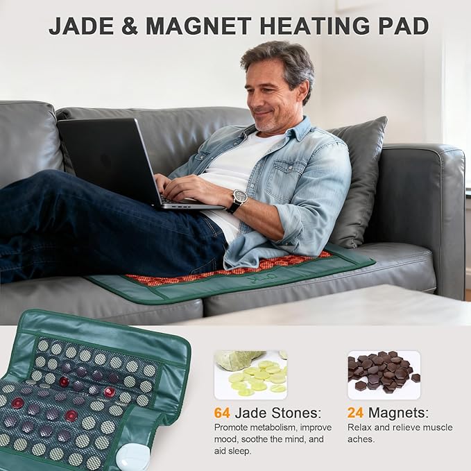UTK Far Infrared Heating Pad for Back with Red Light Therapy, 8X Pain Relief for Body, Hot to 159℉, FSA-HSA Eligible, Auto Shut Off, 64 Jades & 24 Magnets Stone, Gift for Women Men, 26 x 20'' UTK