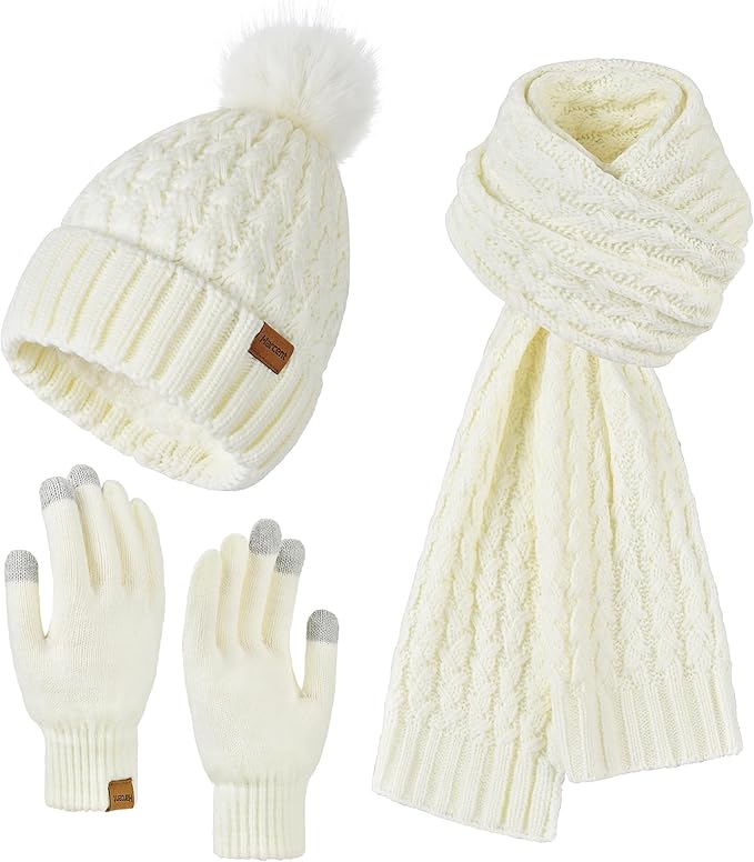 Womens Winter Warm Beanie Hat Long Neck Scarf and Touchscreen Gloves Set with Fleece Lined Pom Skull Caps for Women Harcent