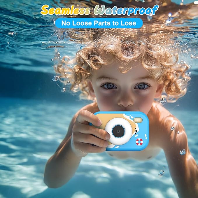 Kids Waterproof Camera, 1080P HD Underwater Digital Camera for Kids Aged 3-12, IP68 Swimming & Snorkeling Toy, ABS Plastic, 32GB Card, Birthday Gift for Children Boys Girls, Blue Kick Boosters