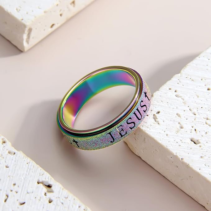 OreilleStar Fidget Spinner Anxiety Ring for Women: Fidget Toys Adults Cute Jesus Thumb Ring Stainless Steel Gold Silver Size 5 6 7 8 9 10 (Rainbow, 9)