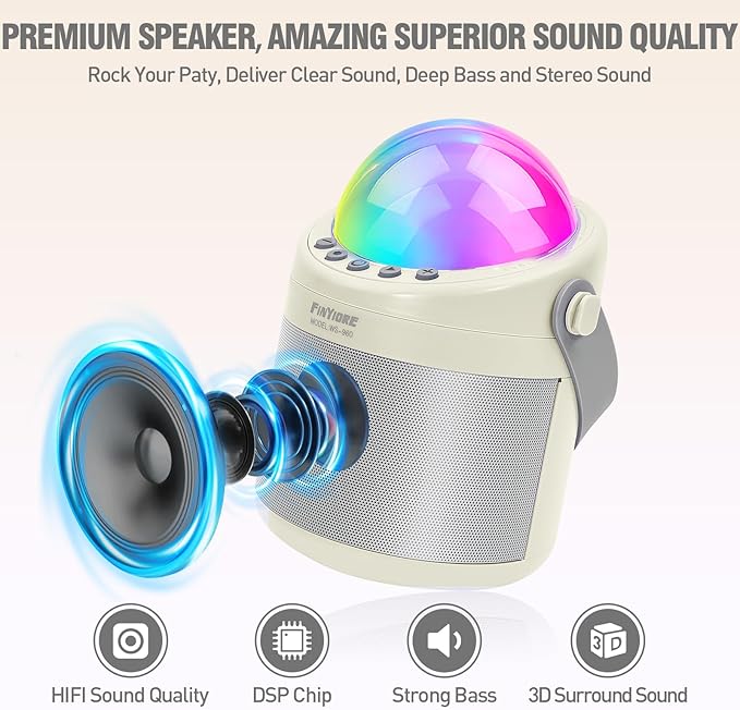 Karaoke Machine for Kids Adults Unique Astronaut Shape Portable Bluetooth Speaker with Wireless Microphone Home Party KTV Birthday for Girls Boys Toddler Teens Ages 2-12 +Year Old Kids FINYIORE