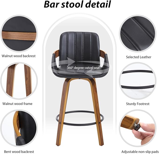 Swivel Bar Stools Set of 2, 26" Counter Height Bar Stools with Back and Arms, Faux Leather Modern Upholstered Bar Chairs with Walnut Frame for Kitchen Island Bar - Black VipDesk