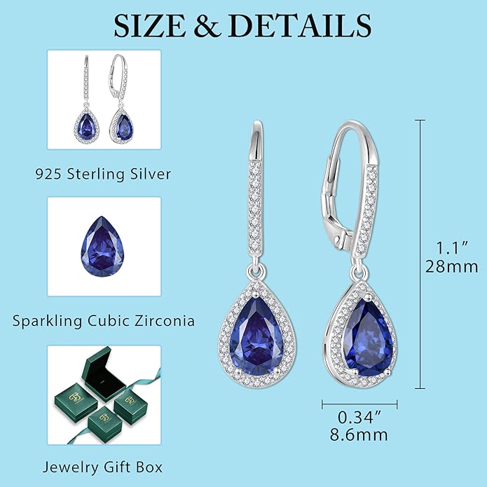 FJ Teardrop Dangle Drop Earrings 925 Sterling Silver Halo Leverback Earrings Birthstone Jewelry Gifts for Women FJ