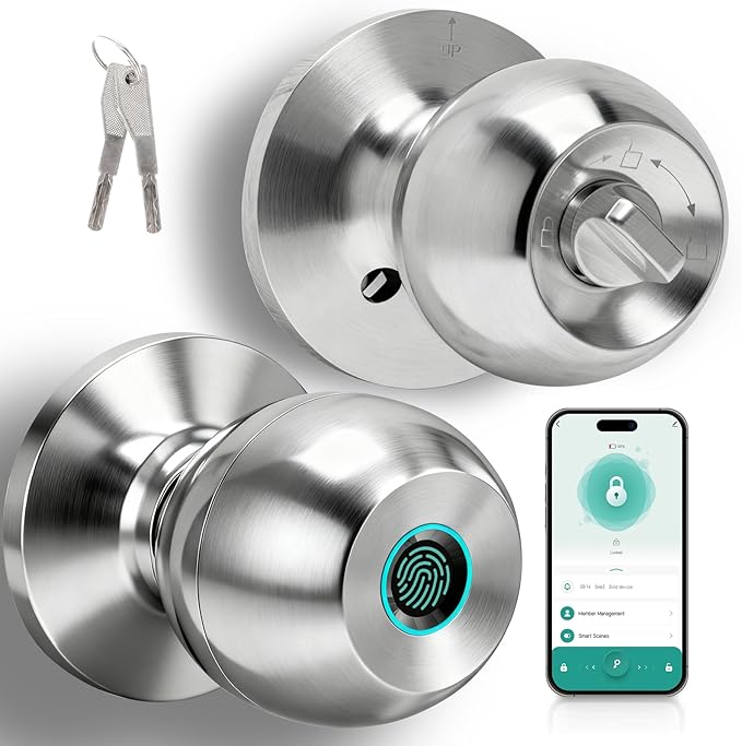Fingerprint Door Lock, Smart Door Knob, Keyless Entry Door Lock with App Control, Thumbprint Door Knob with Backup Key, Suitable for Home, Bedroom, Apartments, Garage, Office - Sliver UMIKSMARTLOCK