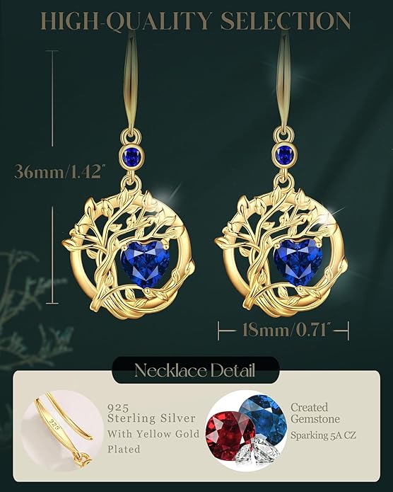 FANCIME Tree of Life Dangle Drop Earrings 925 Sterling Silver Dainty Round Gemstone Birthstone Earring Fine Jewelry Birthday Christmas Gifts for Her Women FANCIME