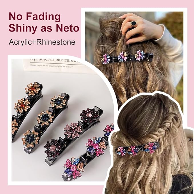 2 Pcs Sparkling Crystal Stone Braided Hair Clips, 2024 New Satin Fabric Hair Bands Rhinestone Four-Leaf Clover Hair Clip,Duck Bill Clips for Women Girls (4 Pcs) Pousbo