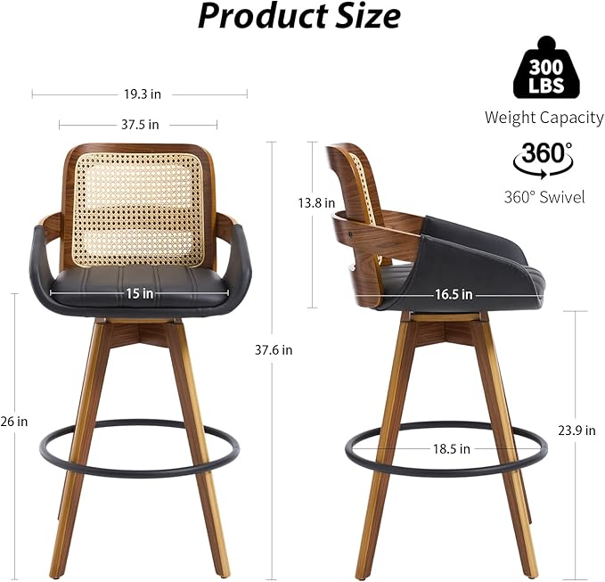 Bar Stools Set of 2, 26" Faux Leather Modern Swivel Barstools with Rattan Back, Counter Height Boho Bar Chairs for Kitchen Island or Home Bar - Black VipDesk