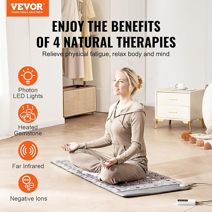 VEVOR Far Infrared Heating Pad, Amethyst Heating Pad with Jade & Tourmaline Stones, 660nm Photon Light & Negative Ions, 103-159℉ Hot Gemstone Mat with 0-12 Hours Timer for Waist Shoulder (60" x 24") VEVOR