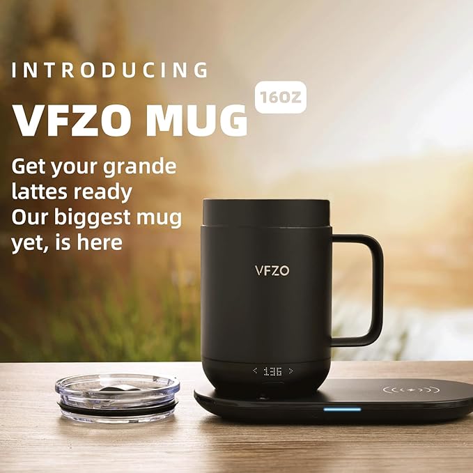 16Oz Temperature Control Smart Mug, Self Heating Coffee Mug LED Display, 180 Min Battery Life - Hot up to 149℉ Fast Wireless Charger Base Improved Design coffee serving sets mug(16oz, Black) VFZO