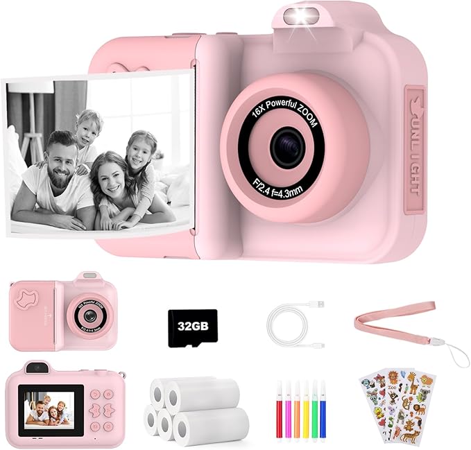 Kids Camera Instant Print, 1080P HD Dual-Lens Selfie,Toddler Digital Camera with 5 Rolls Paper & 32GB Card, Children Christmas Birthday Gifts Toys for Age 3 4 5 6 7 8 9 10 11 12 Years Old Girls Boys xuweicn