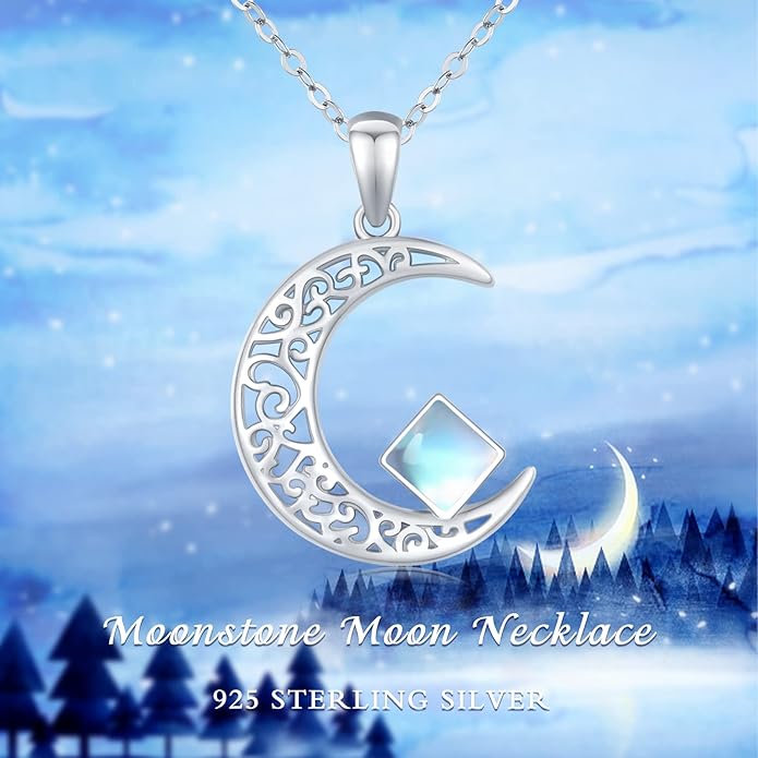 TRISHULA Moon Star Necklace, 925 Sterling Silver Crescent Moon Sun Pendant with Moonstone Crescent Jewelry Gift for Her Sister Birthday Christmas TRISHULA