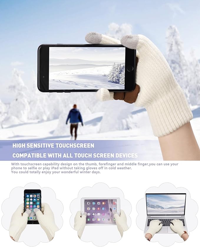 Womens Winter Warm Beanie Hat Long Neck Scarf Touchscreen Gloves Set Knit Skull Caps Pompom Fleece Gifts FZFANTASTICZONE