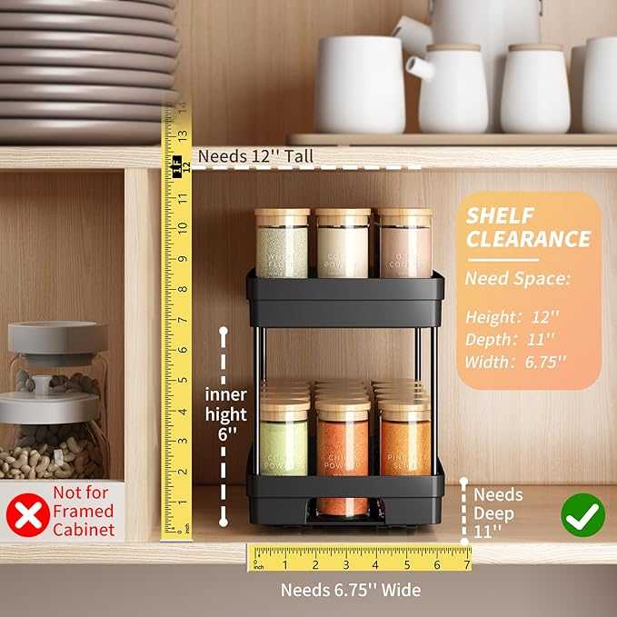 Pull Out Spice Rack Organizer for Cabinet, 2 Pack Widen Slide Out Spice Racks Organizer, Spice Cabinet Organizers, Cabinet Size Need:12'' Highx11'' Deepx6.75'' Wide,Hold 15 Spice Jar Each Tier-2Tier DABIGE