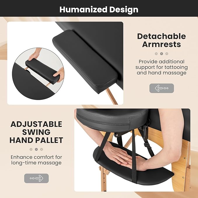 Giantex Massage Table, Portable Massage Bed w/Carrying Case, 2-Section Salon Spa Facial Care Tattoo Bed, Height Adjustable, Wood Frame, Professional Massage Lash Bed for Eyelash Extension (Black) Giantex