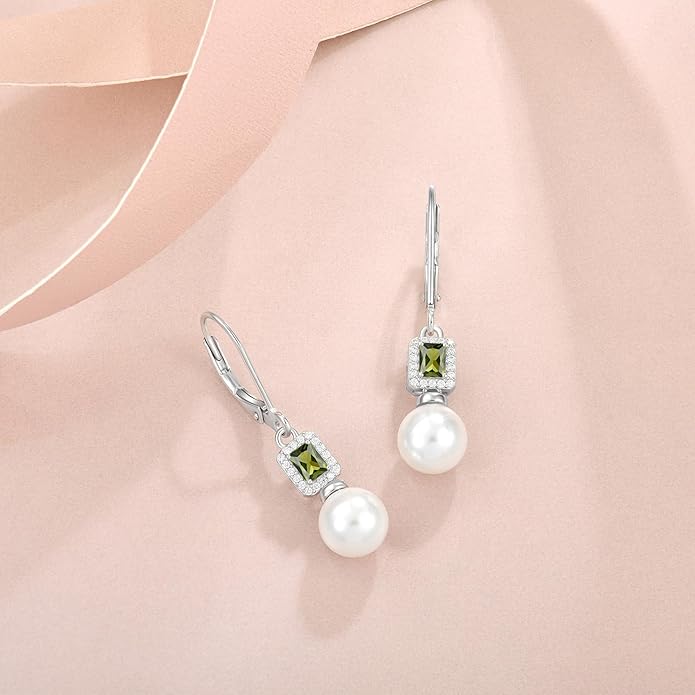 Pearl Drop Earrings Dangling 925 Sterling Silver Emerald Cut Leverback Earrings Birthstone Jewelry for Women INPASNE